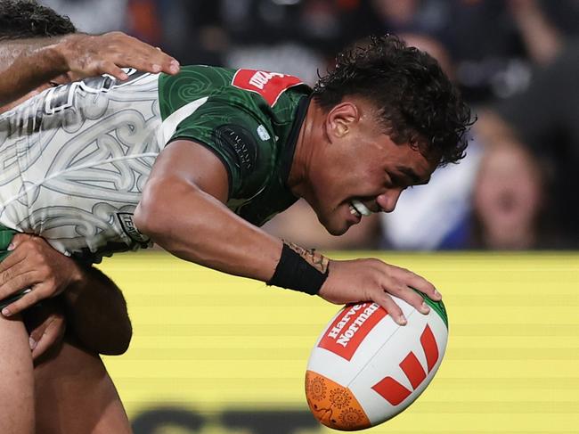 SYDNEY, AUSTRALIA - FEBRUARY 15: Jacob Laban of the Maori All Stars scores a try during the Men's NRL All Stars match between Indigenous and Maori at CommBank Stadium on February 15, 2025 in Sydney, Australia. (Photo by Matt King/Getty Images)