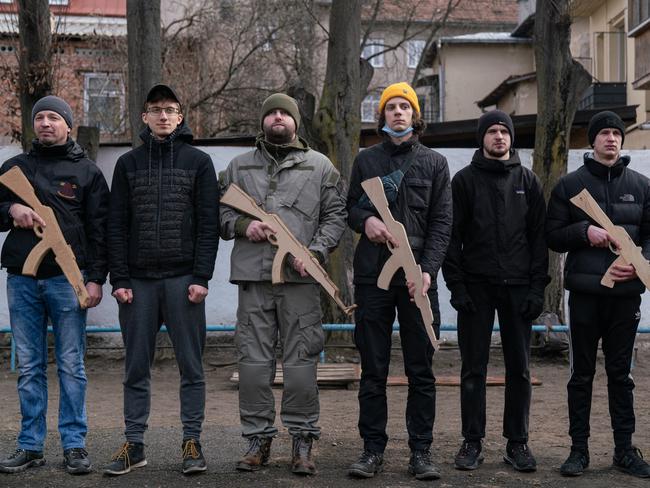 People take part in a basic military training session in Ivano-Frankivsk, Ukraine. Picture: Getty