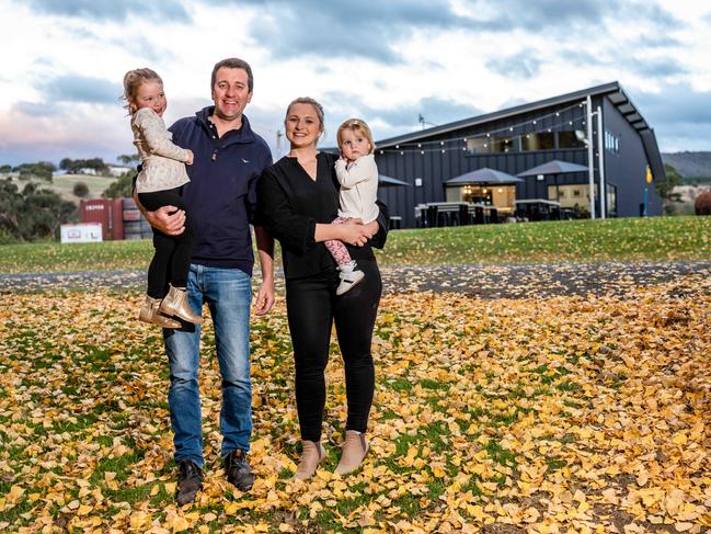 Adam and Grace D'Darcy with daughters Isabella 4 and Charlotte 2.  Adam and Grace D'Arcy of Plenty Cider won Best in Show, Best Small Producer and Best Fruit Cider at the 2023 Australian Cider Awards.  Picture: supplied