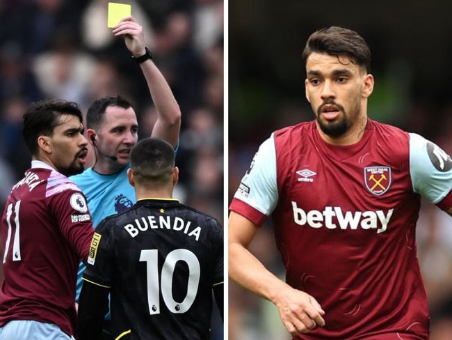 Lucas Paqueta (left) shown a yellow card against Bournemouth on the opening day of the 2023-24 season. Photos: Getty Images