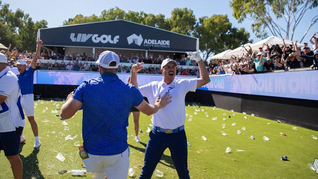 Chase Koepka of Smash GC reacts after making a hole-in-one on the 12th hole during the final round of LIV Golf Adelaide at the Grange Golf Club on Sunday, Apr. 23, 2023 in Adelaide, Australia. (Photo by Jon Ferrey/LIV Golf)