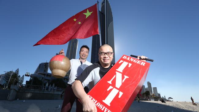 SeaFire is back and the Chinese team that won last year's fireworks comp is taking on the Philippines this time. Dale Chen and Leo Liu, members of the Chinese team, with their rockets on the Surfers Paradise beach where Seafire will be held. Picture Glenn Hampson