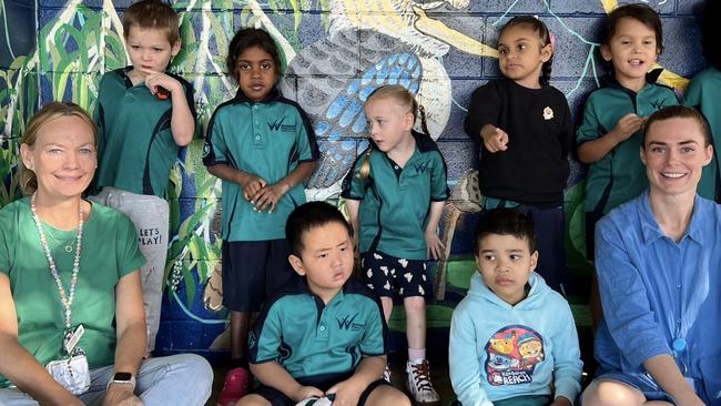 30/07/2024 - Transition P1.Back row: Jett Spitzbarth, Cathalia McDonald, Nevaeh Wyles-Kelly, Kariah Dodd, Brody JohnsonFront row: Ms Elizabeth, Louis Phan, Zac Thomson, Miss Jess. Picture: R Jenner