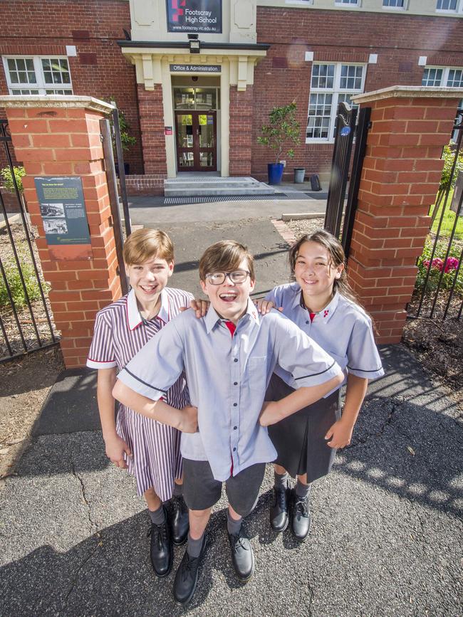 Darcie, Jasper and Lucienne in the new school uniforms. Picture: Rob Leeson