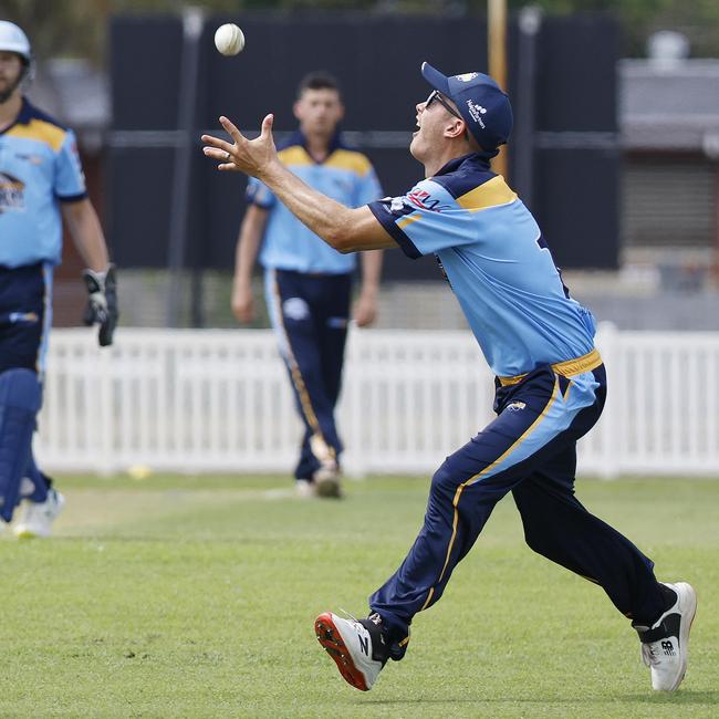 Dan Freebody takes a catch midfield for the Far North Fusion team in their match against the Darling Downs Suns, in the Bulls Masters Country Challenge cricket tournament, held at Griffiths Park, Manunda. Picture: Brendan Radke