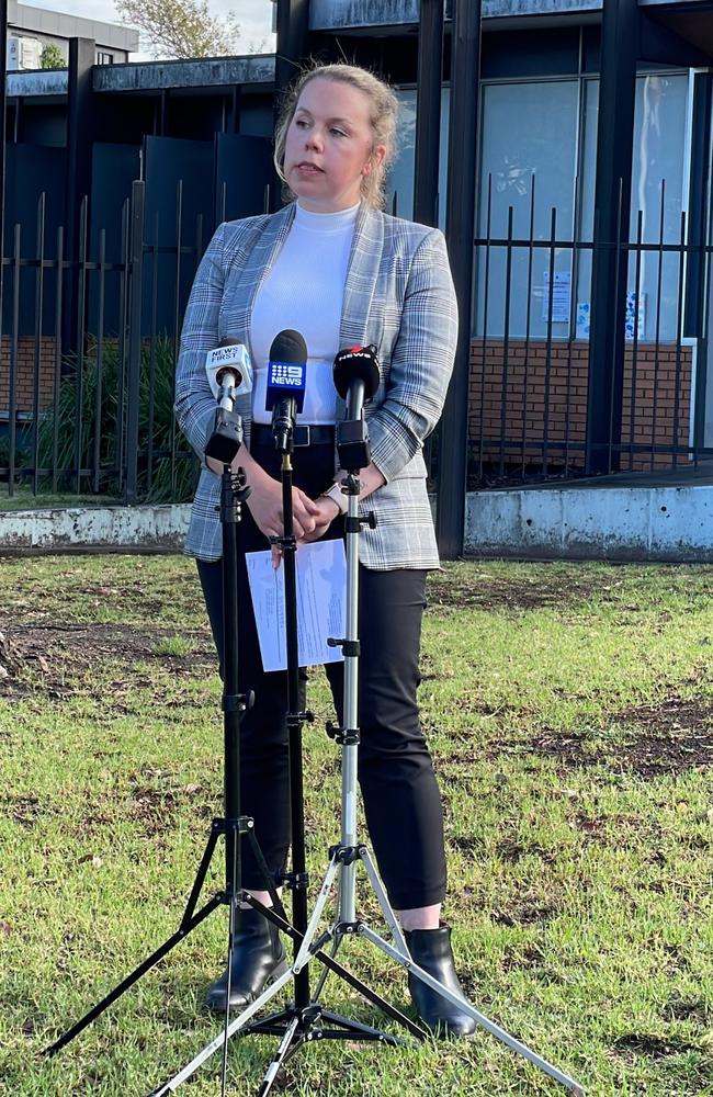 Detective Senior Constable Brooke Miller speaks to the media after a man allegedly attempted to abduct an 11-year-old girl who was walking home from school on March 28. Picture: Gemma Scerri