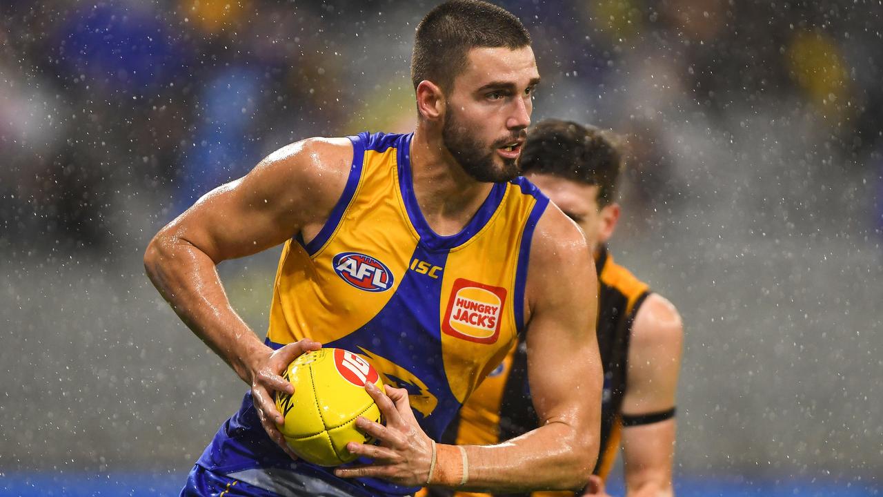 PERTH, AUSTRALIA - AUGUST 16: Jarrod Brander of the Eagles in action during the 2020 AFL Round 12 match between the West Coast Eagles and the Hawthorn Hawks at Optus Stadium on August 16, 2020 in Perth, Australia. (Photo by Daniel Carson/AFL Photos via Getty Images)