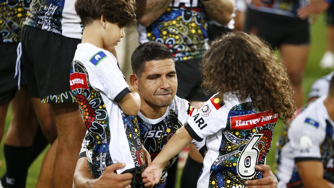 Cody Walker with his children after the Indigenous All-Stars match in 2019. Picture: AAP Image