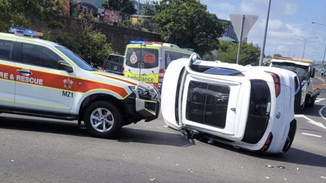 A car was left on its side after a crash at Boat Harbour Drive in Hervey Bay.