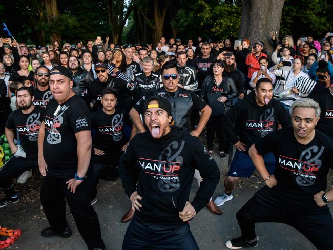 Members of different biker gangs perform the haka as a tribute to victims in Christchurch. Picture: AFP