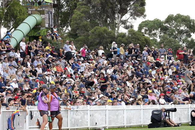 Large crowd around the ground at Peter Motley Oval for the AFLW game between the Crows and the Giants. Picture Sarah Reed