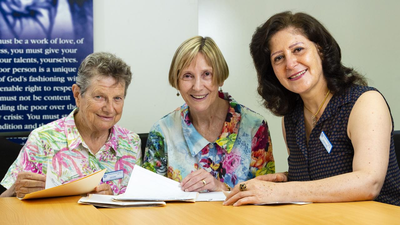 St Vincent's de Paul Society volunteers (from left) Deirdre Gardiner, Carole Rogan and Josephine Martini work with the Toowoomba migrants and refugee communitiess. Picture: Kevin Farmer