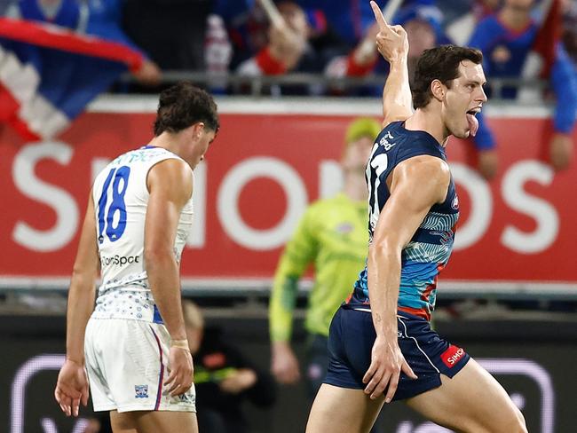GEELONG, AUSTRALIA - MAY 22: Shannon Neale of the Cats celebrates a goal during the 2025 AFL Round 11 match between the Geelong Cats and the Western Bulldogs at GMHBA Stadium on May 22, 2025 in Geelong, Australia. (Photo by Michael Willson/AFL Photos via Getty Images)