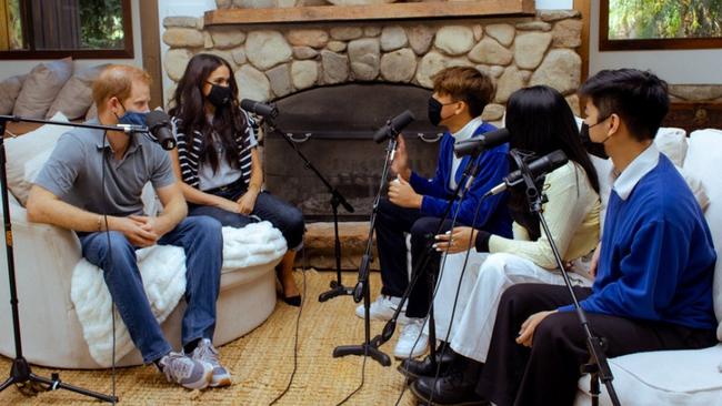 Prince Harry and Meghan Markle participated in a podcast on mental health with three California high school students. Picture: Supplied