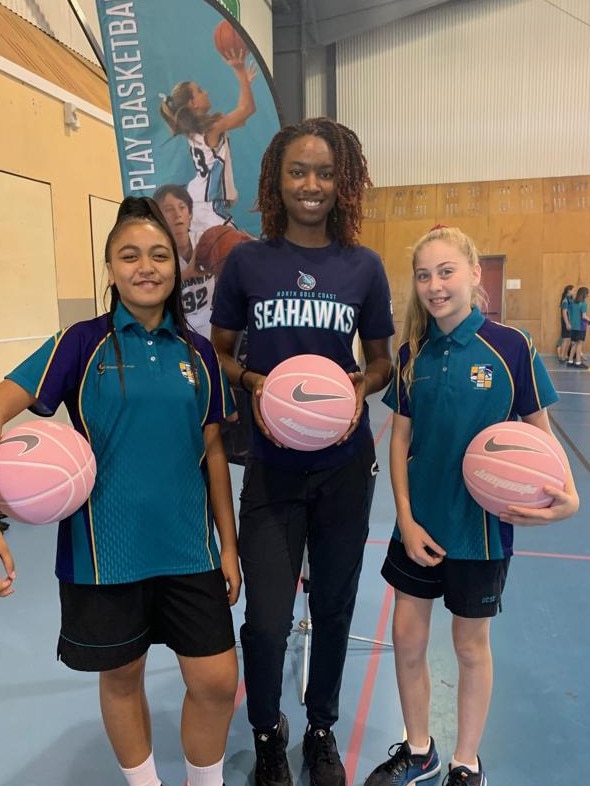 Caitlin Adams, Seahawks US Import Deja Middleton and Poppy Cummings are excited to launch the North Gold Coast Seahawks new girls' league "This Girl Hoops Shoot-Out." Picture supplied.