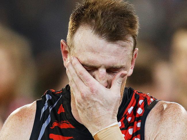 MELBOURNE, VICTORIA - JUNE 02:  Brendon Goddard of the Bombers looks dejected after the round 11 AFL match between the Essendon Bombers and the Richmond Tigers at Melbourne Cricket Ground on June 2, 2018 in Melbourne, Australia.  (Photo by Daniel Pockett/AFL Media/Getty Images)