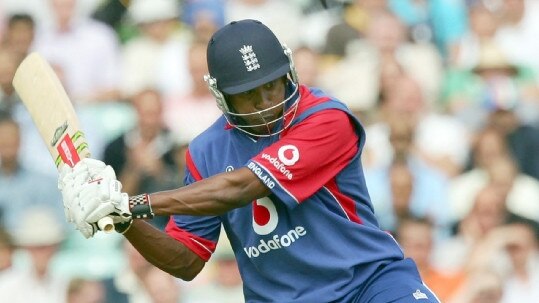 06/09/2007 WIRE: England's Dimitri Mascarenhas hits a six from a ball from India's Yuvraj Singh in the final over during the sixth one day international cricket match at the Oval, London, Wednesday Sept. 5, 2007. In the last over Mascarenhas hit fives sixes off India's Yuvraj Singh. (AP Photo/Tom Hevezi)