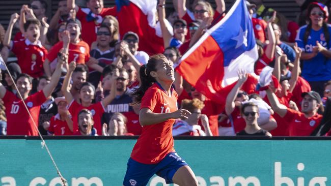 Chile’s Yessenia Huenteo celebrates after scoring against the Matildas in Penrith on Saturday. Picture: AAP