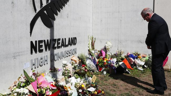 Prime Minister Scott Morrison visited the New Zealand High Commission to pay his respects after the terror attack in Christchurch. Picture: Adam Taylor