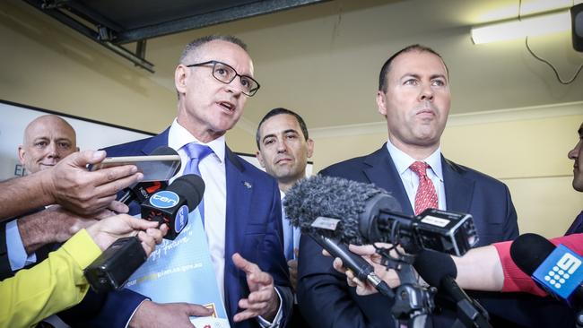 Premier Jay Weatherill with Federal Minister Josh Frydenberg at their fiery press conference in Adelaide.