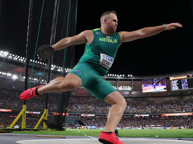 BUDAPEST, HUNGARY - AUGUST 21: Matthew Denny of Team Australia competes in the Men's Discus Throw Final during day three of the World Athletics Championships Budapest 2023 at National Athletics Centre on August 21, 2023 in Budapest, Hungary. (Photo by Patrick Smith/Getty Images)
