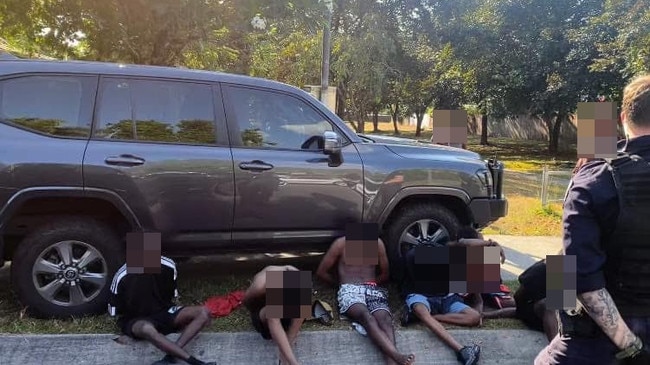 Taskforce Guardian alongside Cairns police last week charged 55 people with 221 offences in a week-long saturation operation across Cairns. These offenders were arrested on Murray St after an alleged break-in and theft of Kia Rio from a Whitfield address. Picture: Supplied