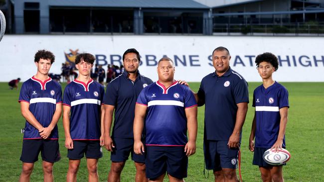 Stevie & Toutai Kefu (centre), with students L to R, Seamus Boakes - 17yrs, Paddy McNally 17yrs, Havea Takai 17yrs, Marley Ngatai 17yrs, are members of the Brisbane State High First XV rugby team, West End, Thursday 28th March 2024 - Photo Steve Pohlner