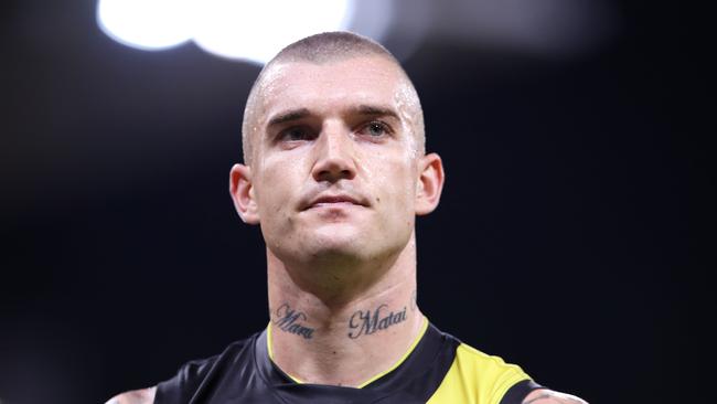 SYDNEY, AUSTRALIA - APRIL 06: Dustin Martin of the Tigers looks dejected as he leaves the field after defeat during the round three AFL match between the Greater Western Sydney Giants and the Richmond Tigers at GIANTS Stadium on April 06, 2019 in Sydney, Australia. (Photo by Mark Kolbe/Getty Images)
