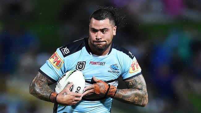 Round 3 match of the NRL Telstra Premiership between the North Queensland Cowboys v Cronulla Sharks from 1300 Smiles Stadium, Towsnville. Sharks Andrew Fifita. Picture: Zak Simmonds