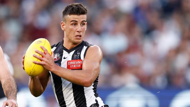 MELBOURNE, AUSTRALIA - APRIL 25: Nick Daicos of the Magpies in action during the 2023 AFL Round 06 match between the Collingwood Magpies and the Essendon Bombers at the Melbourne Cricket Ground on April 25, 2023 in Melbourne, Australia. (Photo by Michael Willson/AFL Photos via Getty Images)