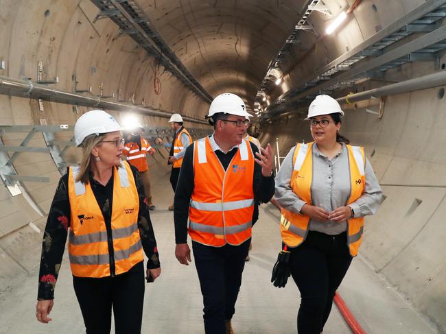 Premier Daniel Andrews and Transport Infrastructure Minister Jacinta Allan (left) tour the new Arden Street train station construction site. Picture: David Crosling