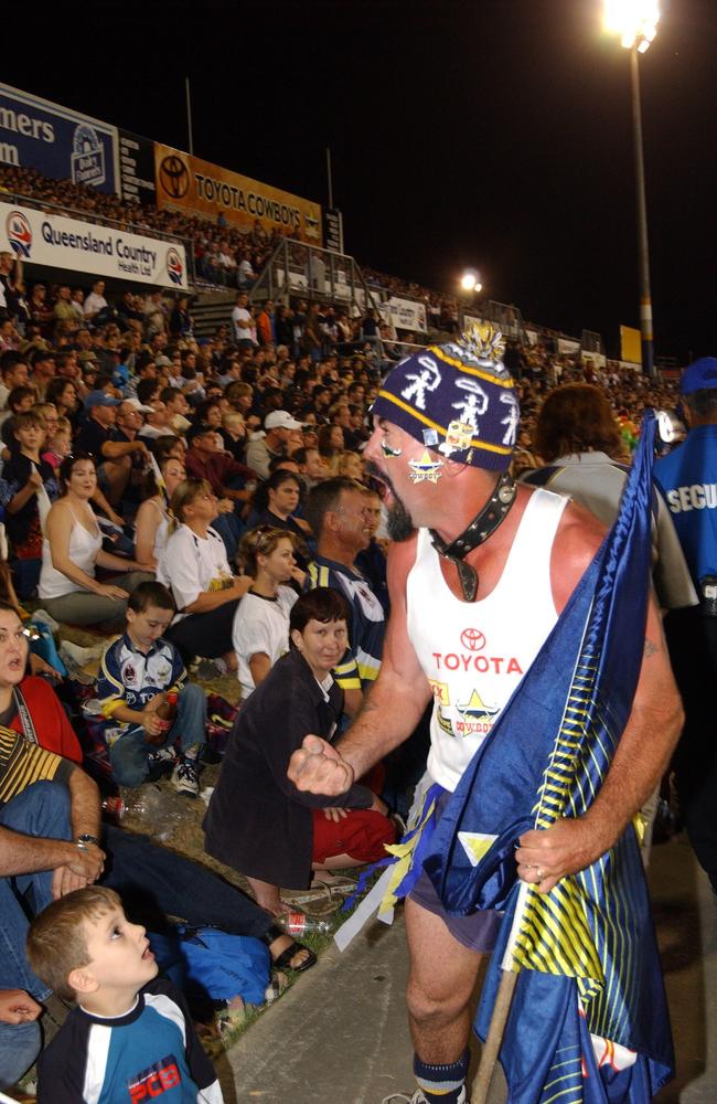 Mad Dog cheers on the crowd at the Cowboys V Broncos NRL Football Semi- Final at Dairy Farmers Stadium Picture: Bryan Lynch