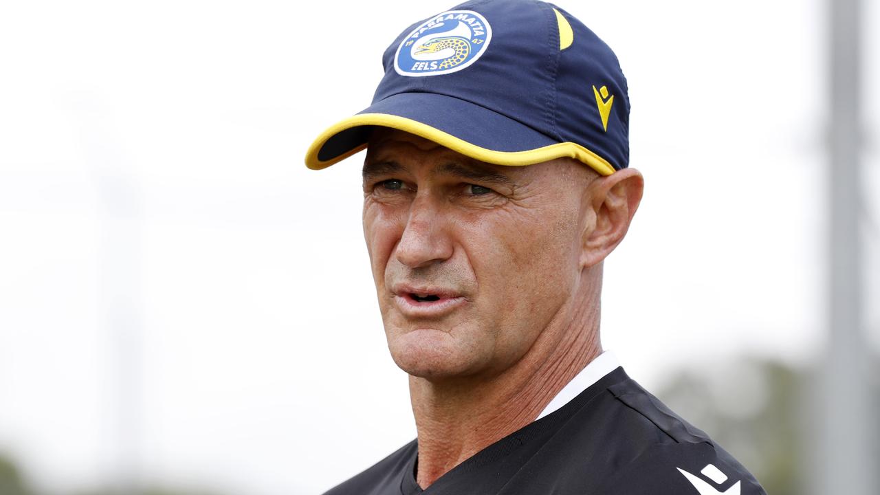 Parramatta Eels head coach Brad Arthur addressing the media at Kellyville Park ahead of the team's round one clash with the Brisbane Broncos. Picture: Jonathan Ng