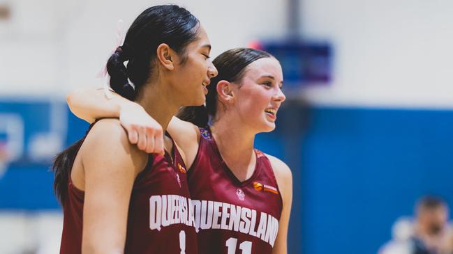 Prasayus Notoa and Sharni Reisinger after Queensland's semi-final win at the 2025 Basketball Australia Under-20 National Championships. Picture: Taylor Earnshaw