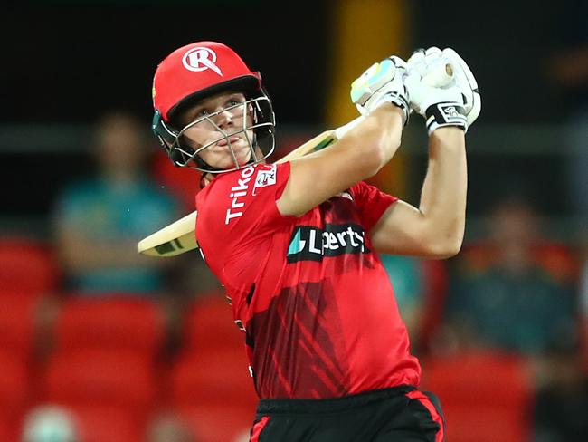 Jake Fraser-McGurk tees off against the Brisbane Heat at Metricon Stadium in December, 2021. Picture: Chris Hyde/Getty Images.