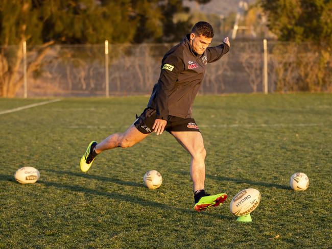 Nathan Cleary kicks goals worth $90,000 for DoSomething Day. Pictures: Penrith Panthers.