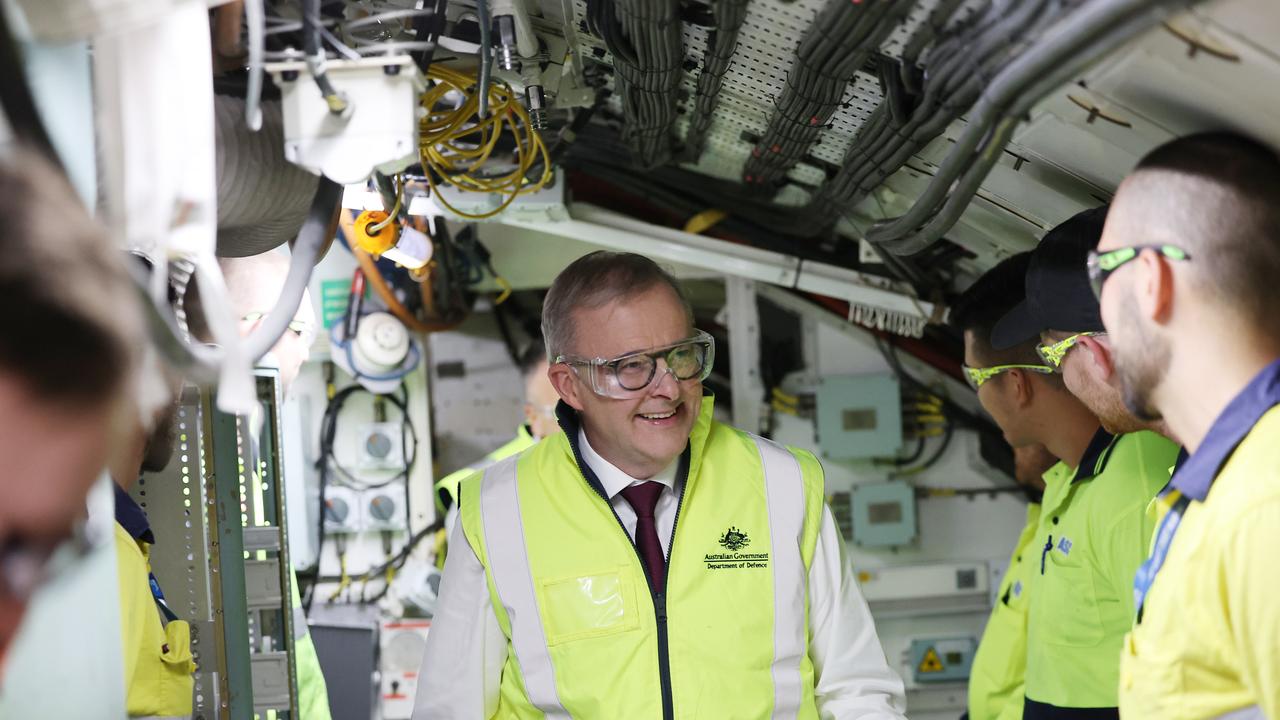 Prime Minister Anthony Albanese tours the Collins Class submarine at the Osborne shipyard in Adelaide. Picture: NCA NewsWire / David Mariuz