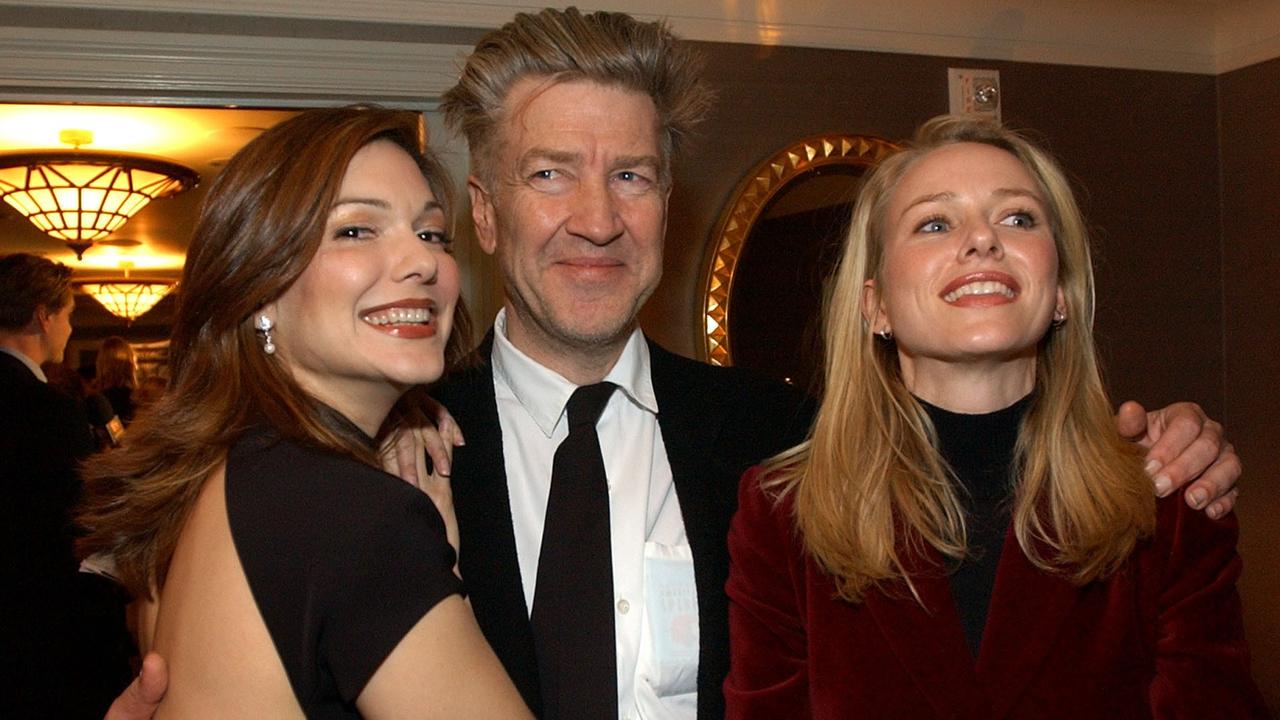 David Lynch with Mulholland Drive actors Laura Elena Harring and Naomi Watts in 2002.