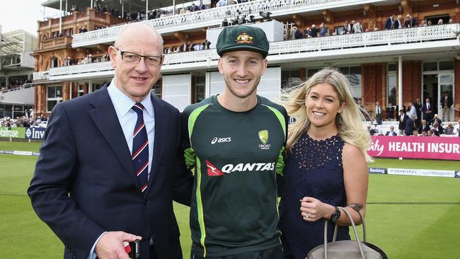 Peter Nevill is congratulated by father Jeff Nevill and fiancee Sam Nelson after being handed his debut at Lord’s in 2015. Picture: Getty