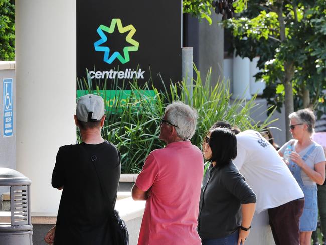 The queue outside Southport Centrelink at 8.40am this morning. Picture Glenn Hampson