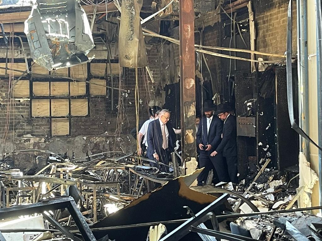 Prime Minister Anthony Albanese visiting the burnt out synagogue. Picture: Supplied