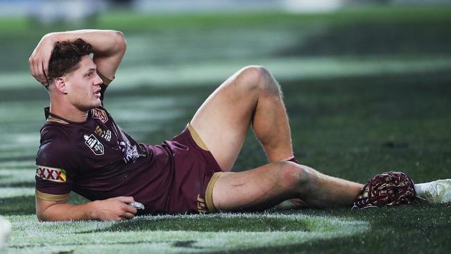 Queensland's Kalyn Ponga lies on the ground after game 2 of the State of Origin series. Picture: Phil Hillyard