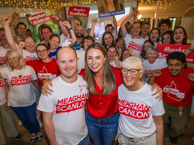 QLDVOTES24 - 2024 State Election party for ALP Meaghan Scanlon at Country Paradise Parklands in Nerang, (Gaven electorate).Gaven Electorate, Queensland.Meaghan Scanlon with her mum Margaret and brother Callum.Picture: Nigel Hallett