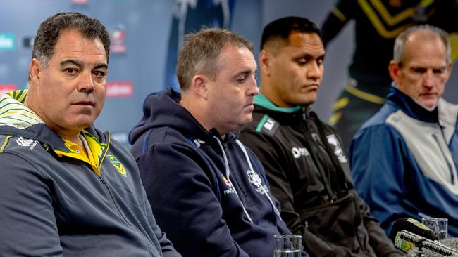 Mal Meninga with the other Four Nations coaches at a press conference.