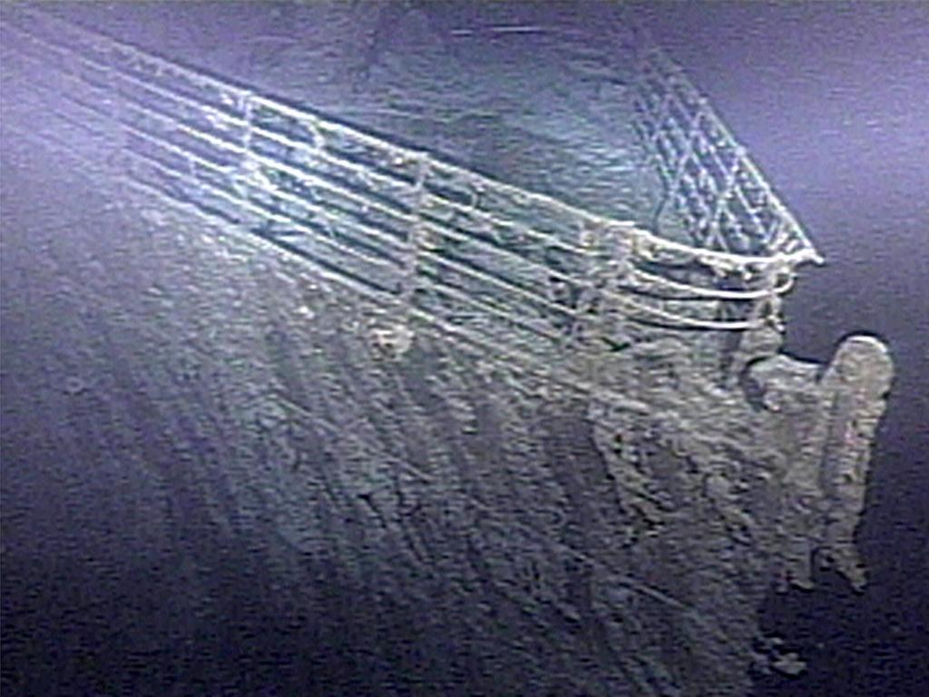 Screen grab of wreckage of bow of ship RMS Titanic at bottom of Atlantic Ocean off coast of Newfoundland. Picture: Discovery Channel/RMS Titanic Inc