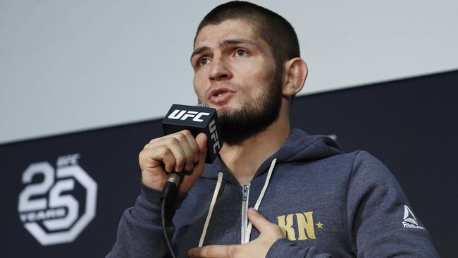 Khabib Nurmagomedov speaks at a news conference after the UFC 229