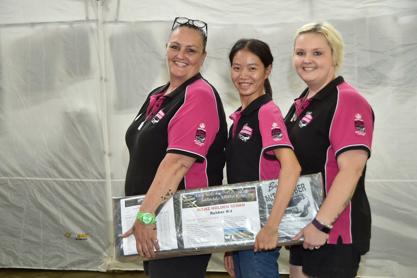 Tara Goodluck, Abby Chan and Kyah Budd. Stall holders set up for annual Swap Meet at Toowoomba Showgrounds. February 2019. Picture: Bev Lacey