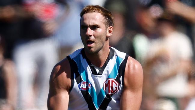 MELBOURNE, AUSTRALIA - MARCH 01: Jeremy Finlayson of the Power in action during the 2025 AFL AAMI Community Series match between the St Kilda Saints and the Port Adelaide Power at RSEA Park on March 1, 2025 in Melbourne, Australia. (Photo by Michael Willson/AFL Photos via Getty Images)