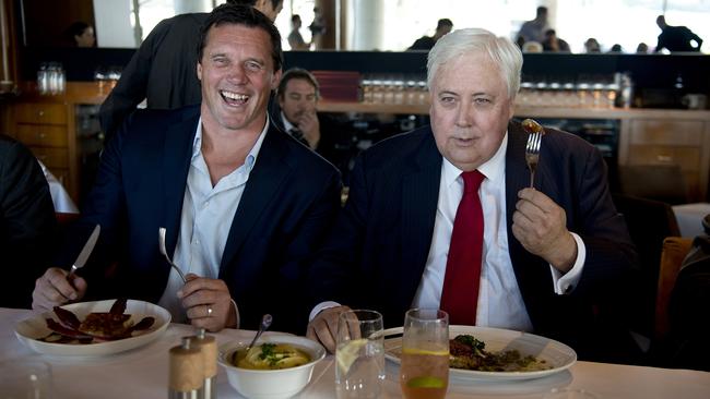 Mr Adamson with then Palmer United Party leader Clive Palmer at a lunch at Aria restaurant in 2013. Picture: AAP