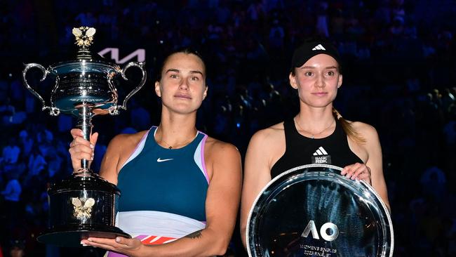 Belarus' Aryna Sabalenka (L) and Elena Rybakina (R) after the women's singles final of the Australian Open.